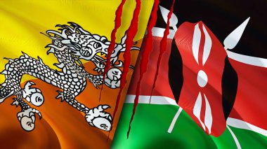 Bhutan ve Kenya yara izi olan bayraklar. Dalgalanan bayrak, 3 boyutlu görüntüleme. Butan ve Kenya çatışma konsepti. Butan Kenya ilişkileri kavramı. Butan ve Kenya bayrağı krizi, savaş, saldırı konsepti