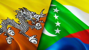 Butan ve Comoros bayrakları. 3 boyutlu dalgalanan bayrak tasarımı. Butan Comoros bayrağı, resim, duvar kağıdı. Butan, Comoros 'a karşı. Görüntü 3 boyutlu. Butan Comoros ilişkileri ittifak ve ticaret, seyahat, turizm konsepti