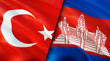 Türkiye ve Kamboçya bayrakları. 3 boyutlu dalgalanan bayrak tasarımı. Türkiye Kamboçya bayrağı, resim, duvar kağıdı. Türkiye Kamboçya 'ya karşı, görüntü 3 boyutlu. Türkiye Kamboçya ilişkileri ittifak ve ticaret, seyahat, turizm konsepti