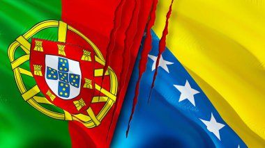 Portekiz ve Bosna-Hersek bayraklarında yara izi var. Dalgalanan bayrak, 3 boyutlu görüntüleme. Portekiz ve Bosna-Hersek ihtilaf kavramı. Portekiz Bosna-Hersek ilişkileri kavramı. fla