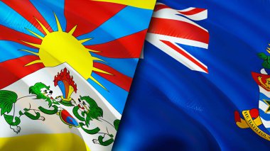 Tibet ve Cayman Adaları yara izi olan bayraklar. Dalgalanan bayrak, 3 boyutlu görüntüleme. Tibet ve Cayman Adaları çatışma konsepti. Tibet Cayman Adaları ilişkileri kavramı. Tibet ve Cayman Adaları bayrağı
