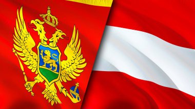 Karadağ ve Avusturya bayrakları. 3 boyutlu dalgalanan bayrak tasarımı. Karadağ Avusturya bayrağı, resim, duvar kağıdı. Karadağ Avusturya 'ya karşı, görüntü 3 boyutlu. Karadağ ile Avusturya arasındaki ilişkiler