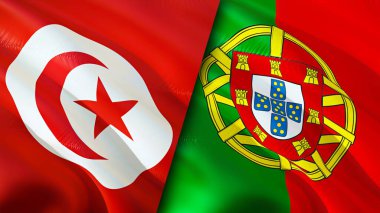 Tunus ve Portekiz bayrakları. 3 boyutlu dalgalanan bayrak tasarımı. Tunus Portekiz bayrağı, resim, duvar kağıdı. Tunus, Portekiz imajına karşı, 3 boyutlu canlandırma. Tunus Portekiz ilişkileri ittifak ve ticaret, seyahat, turnuva