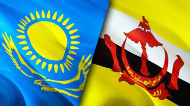 Kazakistan ve Brunei bayrakları. 3 boyutlu dalgalanan bayrak tasarımı. Kazakistan Brunei bayrağı, resim, duvar kağıdı. Kazakistan Brunei 'ye karşı, görüntü 3 boyutlu. Kazakistan Brunei ilişkileri ittifak ve ticaret, seyahat, turnuva