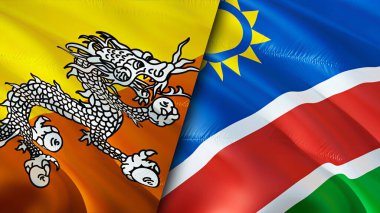 Butan ve Namibya bayrakları. 3 boyutlu dalgalanan bayrak tasarımı. Butan Namibya bayrağı, resim, duvar kağıdı. Bhutan, Namibya 'ya karşı, görüntü 3 boyutlu. Butan Namibya ilişkileri ittifak ve ticaret, seyahat, turizm konsepti