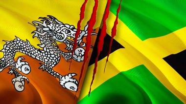 Bhutan ve Jamaika bayrakları yara izi konseptiyle. Dalgalanan bayrak, 3 boyutlu görüntüleme. Butan ve Jamaika çatışması konsepti. Butan Jamaika ilişkileri kavramı. Bhutan ve Jamaika bayrağı krizi, savaş, saldırı konsepti