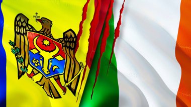 Yara izi olan Moldova ve İrlanda bayrakları. Dalgalanan bayrak, 3 boyutlu görüntüleme. Moldova ve İrlanda çatışma konsepti. Moldova İrlanda ilişkileri kavramı. Moldova ve İrlanda bayrağı krizi, savaş, saldırı konsepti