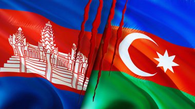 Kamboçya ve Azerbaycan yara izi olan bayraklar. Dalgalanan bayrak, 3 boyutlu görüntüleme. Kamboçya ve Azerbaycan çatışma konsepti. Kamboçya Azerbaycan ilişkileri kavramı. Kamboçya ve Azerbaycan bayrağı