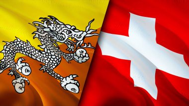 Butan ve İsviçre bayrakları. 3 boyutlu dalgalanan bayrak tasarımı. Butan İsviçre bayrağı, resim, duvar kağıdı. Butan, İsviçre imajına karşı, 3D görüntüleme. Butan İsviçre ilişkileri bir ittifak