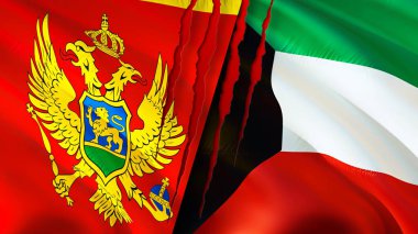 Karadağ ve Kuveyt yara izi kavramına sahip bayraklar. Dalgalanan bayrak, 3 boyutlu görüntüleme. Karadağ ve Kuveyt ihtilaf kavramı. Karadağ Kuveyt ilişkileri kavramı. Karadağ bayrağı ve Kuveyt krizi, savaş, attac