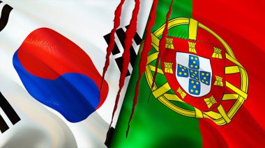 Güney Kore ve Portekiz bayraklarında yara izi var. Dalgalanan bayrak, 3 boyutlu görüntüleme. Güney Kore ve Portekiz çatışma konsepti. Güney Kore Portekiz ilişkileri kavramı. Güney Kore ve Portekiz bayrağı