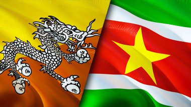 Bhutan ve Surinam bayrakları. 3 boyutlu dalgalanan bayrak tasarımı. Bhutan Surinam bayrağı, resim, duvar kağıdı. Bhutan Surinam 'a karşı, görüntü 3 boyutlu. Bhutan Suriname ilişkileri ittifak ve ticaret, seyahat, turizm konsepti