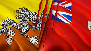 Bhutan ve Bermuda bayrakları yara izi konseptiyle. Dalgalanan bayrak, 3 boyutlu görüntüleme. Bhutan ve Bermuda çatışma konsepti. Butan Bermuda ilişkileri kavramı. Bhutan ve Bermuda bayrağı krizi, savaş, saldırı konsepti