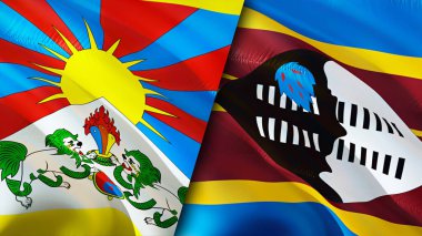 Tibet ve Eswatini yara izi olan bayraklar. Dalgalanan bayrak, 3 boyutlu görüntüleme. Tibet ve Eswatini çatışma konsepti. Tibet Eswatini ilişkileri kavramı. Tibet bayrağı ve Eswatini krizi, savaş, saldırı konsepti