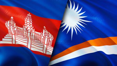 Kamboçya ve Marshall Adaları bayrakları. 3 boyutlu dalgalanan bayrak tasarımı. Kamboçya Marshall Adaları bayrağı, resim, duvar kağıdı. Kamboçya, Marshall Adaları 'na karşı. Görüntü 3 boyutlu. Kamboçya Marshall Adaları ilişkisi