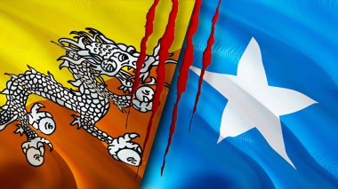 Bhutan ve Somali bayrakları yara izi konseptiyle. Dalgalanan bayrak, 3 boyutlu görüntüleme. Butan ve Somali çatışma konsepti. Butan Somali ilişkileri kavramı. Bhutan ve Somali bayrağı krizi, savaş, saldırı konsepti