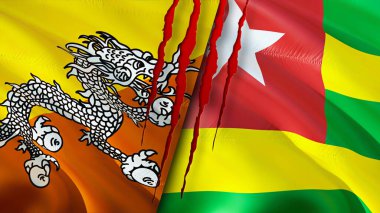 Bhutan ve Togo bayrakları ve yara izi konsepti. Dalgalanan bayrak, 3 boyutlu görüntüleme. Butan ve Togo çatışma konsepti. Butan Togo ilişkileri konsepti. Bhutan ve Togo bayrağı krizi, savaş, saldırı konsepti