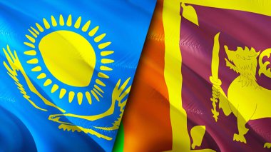 Kazakistan ve Sri Lanka bayrakları. 3 boyutlu dalgalanan bayrak tasarımı. Kazakistan Sri Lanka bayrağı, resim, duvar kağıdı. Kazakistan, Sri Lanka görüntüsüne karşı, 3D görüntüleme. Kazakistan Sri Lanka ilişkileri