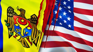 Yara izi olan Moldova ve ABD bayrakları. Dalgalanan bayrak, 3 boyutlu görüntüleme. Moldova ve ABD çatışma konsepti. Moldova ABD ilişkileri kavramı. Moldova bayrağı ve ABD krizi, savaş, saldırı konsepti