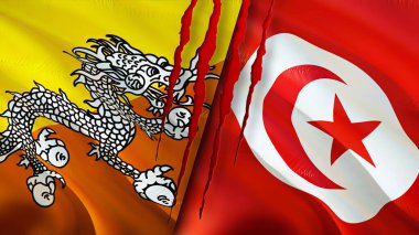 Bhutan ve Tunus bayrakları yara izi konseptiyle. Dalgalanan bayrak, 3 boyutlu görüntüleme. Butan ve Tunus çatışma konsepti. Butan Tunus ilişkileri kavramı. Bhutan ve Tunus bayrağı krizi, savaş, saldırı konsepti