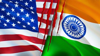 ABD ve Hindistan yara izi kavramına sahip bayraklar. Dalgalanan bayrak, 3 boyutlu görüntüleme. ABD ve Hindistan çatışma konsepti. ABD Hindistan ilişkileri kavramı. ABD ve Hindistan bayrağı krizi, savaş, saldırı konsepti