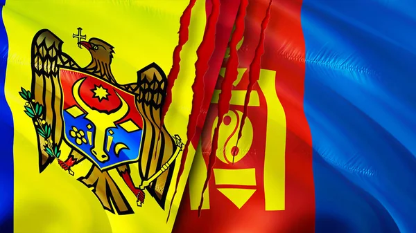 Moldávia Mongólia Bandeiras Com Conceito Cicatriz Bandeira Ondulada Renderização Conceito — Fotografia de Stock