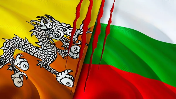 Bhutan ve Bulgaristan yara izi kavramına sahip bayraklar. Dalgalanan bayrak, 3 boyutlu görüntüleme. Butan ve Bulgaristan ihtilaf konsepti. Butan Bulgaristan ilişkileri kavramı. Bhutan ve Bulgaristan bayrağı kriz, savaş, saldırı konsepti