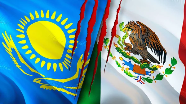 Kazakhstan and Mexico flags with scar concept. Waving flag,3D rendering. Kazakhstan and Mexico conflict concept. Kazakhstan Mexico relations concept. flag of Kazakhstan and Mexico crisis,war, attac