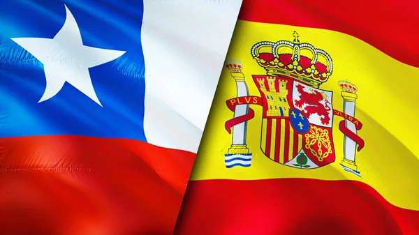 Chile and Spain flags. 3D Waving flag design. Chile Spain flag, picture, wallpaper. Chile vs Spain image,3D rendering. Chile Spain relations alliance and Trade,travel,tourism concep