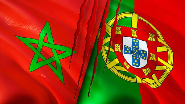 モロッコとポルトガルは傷の概念でフラグを立てます 旗を振って3Dレンダリング モロッコとポルトガルの紛争の概念 モロッコポルトガル関係の概念 モロッコとポルトガルの危機戦争攻撃の旗 — ストック写真