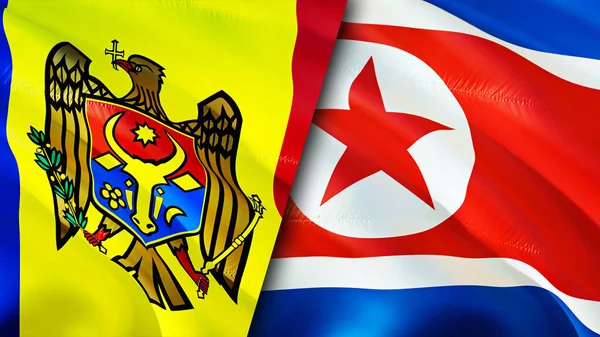 Moldova and North Korea flags. 3D Waving flag design. Moldova North Korea flag, picture, wallpaper. Moldova vs North Korea image,3D rendering. Moldova North Korea relations alliance an
