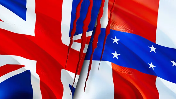 イギリスとオランダアンティルは傷の概念でフラグを立てます 旗を振って3Dレンダリング イギリスとオランダアンティル紛争の概念 イギリスオランダアンティル諸島との関係 — ストック写真