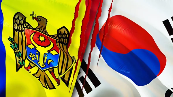 Moldova South Korea Flags Scar Concept Waving Flag Rendering Moldova — 스톡 사진