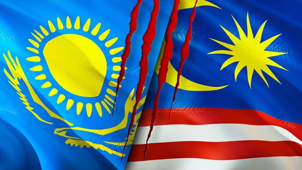 Kasachstan Und Malaysia Flaggen Mit Narbenkonzept Fahnenschwenken Rendering Kasachstan Und — Stockfoto