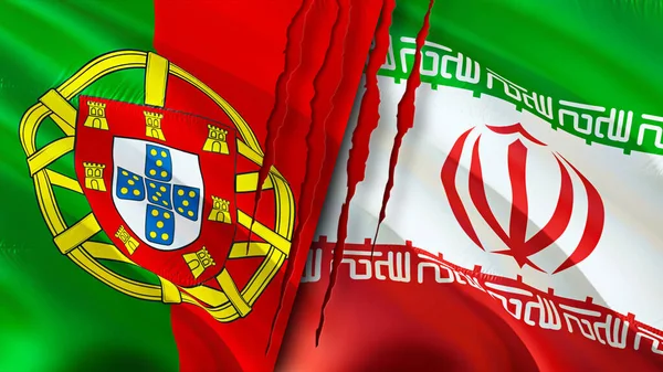 Portugal and Iran flags with scar concept. Waving flag,3D rendering. Portugal and Iran conflict concept. Portugal Iran relations concept. flag of Portugal and Iran crisis,war, attack concep