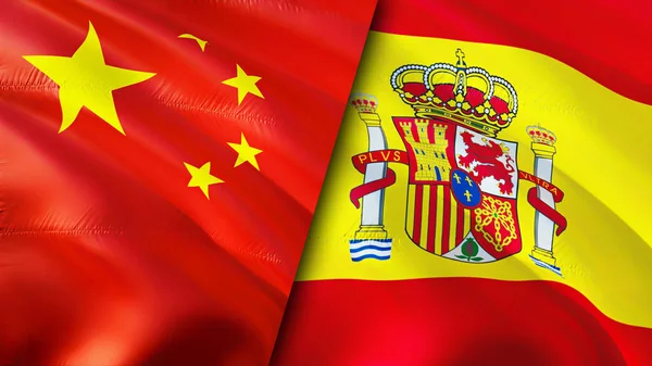 China and Spain flags. 3D Waving flag design. China Spain flag, picture, wallpaper. China vs Spain image,3D rendering. China Spain relations alliance and Trade,travel,tourism concep