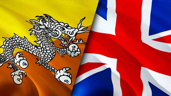 Bhutan and United Kingdom flags. 3D Waving flag design. Bhutan United Kingdom flag, picture, wallpaper. Bhutan vs United Kingdom image,3D rendering. Bhutan United Kingdom relations alliance an