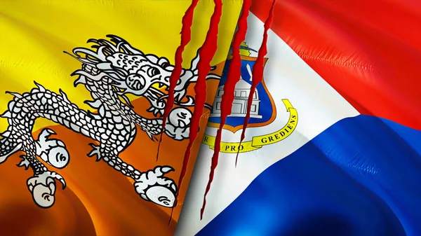 Bandiere Bhutan Sint Maarten Con Concetto Cicatrice Bandiera Sventolante Rendering — Foto Stock