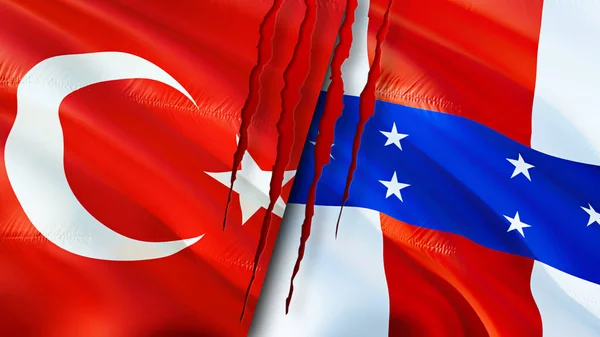 Turkey and Netherlands Antilles flags with scar concept. Waving flag,3D rendering. Turkey and Netherlands Antilles conflict concept. Turkey Netherlands Antilles relations concept. flag of Turkey an