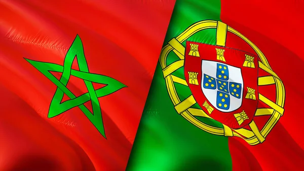 モロッコとポルトガルの国旗 3D波動旗のデザイン モロッコポルトガル国旗 モロッコ対ポルトガルの画像 3Dレンダリング モロッコポルトガル関係と貿易 ツアー — ストック写真