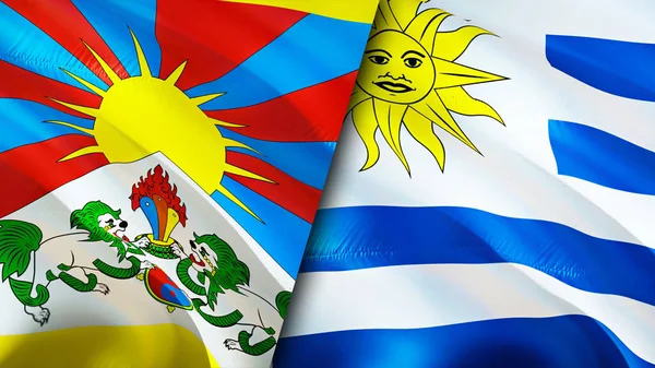 Tibet and Uruguay flags with scar concept. Waving flag,3D rendering. Tibet and Uruguay conflict concept. Tibet Uruguay relations concept. flag of Tibet and Uruguay crisis,war, attack concep