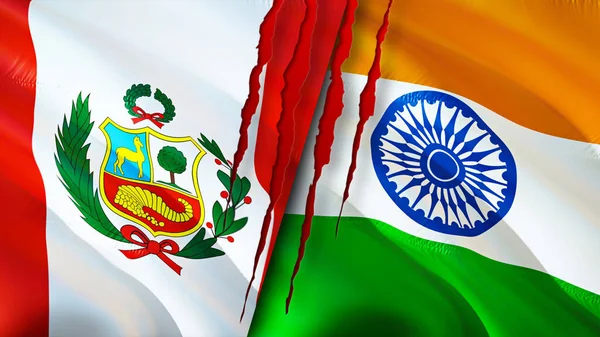 Peru and India flags with scar concept. Waving flag,3D rendering. Peru and India conflict concept. Peru India relations concept. flag of Peru and India crisis,war, attack concep