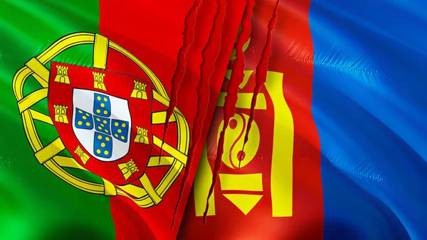 Portogallo Mongolia Bandiere Con Concetto Cicatrice Bandiera Sventolante Rendering Portogallo — Foto Stock