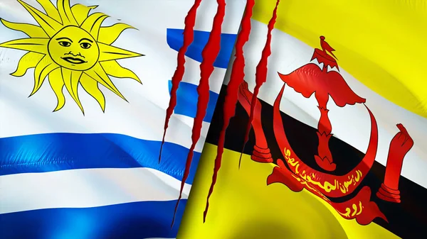 带有疤痕概念的乌拉圭和文莱国旗 飘扬的旗帜 3D渲染 乌拉圭和文莱冲突概念 乌拉圭文莱关系概念 乌拉圭国旗和文莱危机 — 图库照片