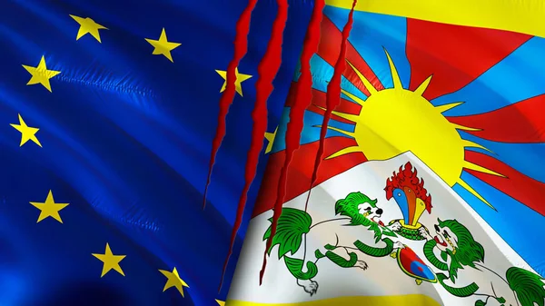 European Union and Tibet flags with scar concept. Waving flag,3D rendering. European Union and Tibet conflict concept. European Union Tibet relations concept. flag of European Union and Tibe