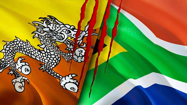 Bhutan and South Africa flags with scar concept. Waving flag,3D rendering. Bhutan and South Africa conflict concept. Bhutan South Africa relations concept. flag of Bhutan and South Afric