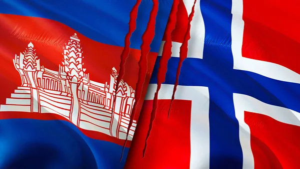 Cambodia and Norway flags with scar concept. Waving flag,3D rendering. Cambodia and Norway conflict concept. Cambodia Norway relations concept. flag of Cambodia and Norway crisis,war, attack concep