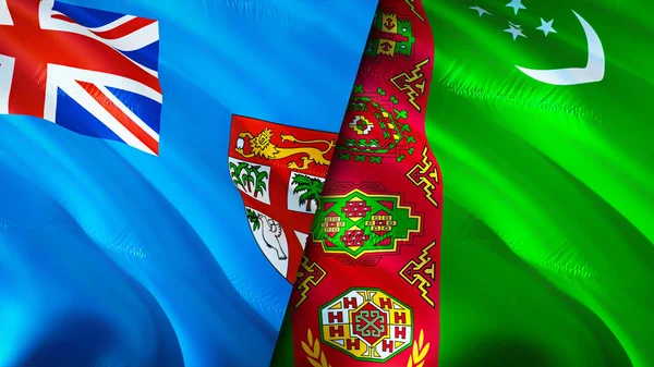斐济和土库曼斯坦国旗 3D波浪旗帜设计 斐济土库曼斯坦国旗 斐济对土库曼斯坦的图像 3D渲染 斐济土库曼斯坦关系联盟与贸易 — 图库照片