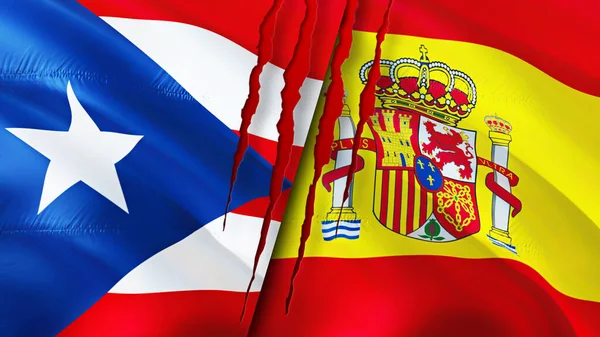 Puerto Rico and Spain flags with scar concept. Waving flag,3D rendering. Puerto Rico and Spain conflict concept. Puerto Rico Spain relations concept. flag of Puerto Rico and Spain crisis,war, attac