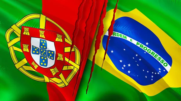 Portugal and Brazil flags with scar concept. Waving flag,3D rendering. Portugal and Brazil conflict concept. Portugal Brazil relations concept. flag of Portugal and Brazil crisis,war, attack concep